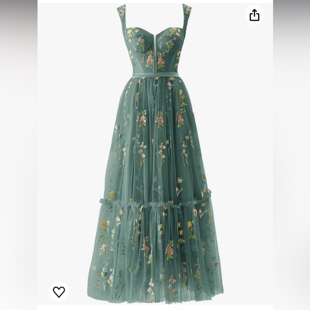 Women's GREEN Flower Embroidery Tulle Dress Corset Long Fairy Ruched